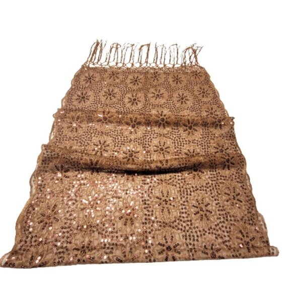 Brown Sequin Evening Wedding Formal Scarf with Tassels - NEW - Picture 2 of 6